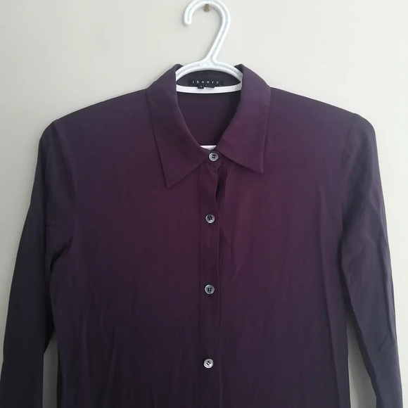 Theory Failly Rove Pleated Drop Waist Long Sleeve Purple Button Shirt Dress 2 - Picture 5 of 16